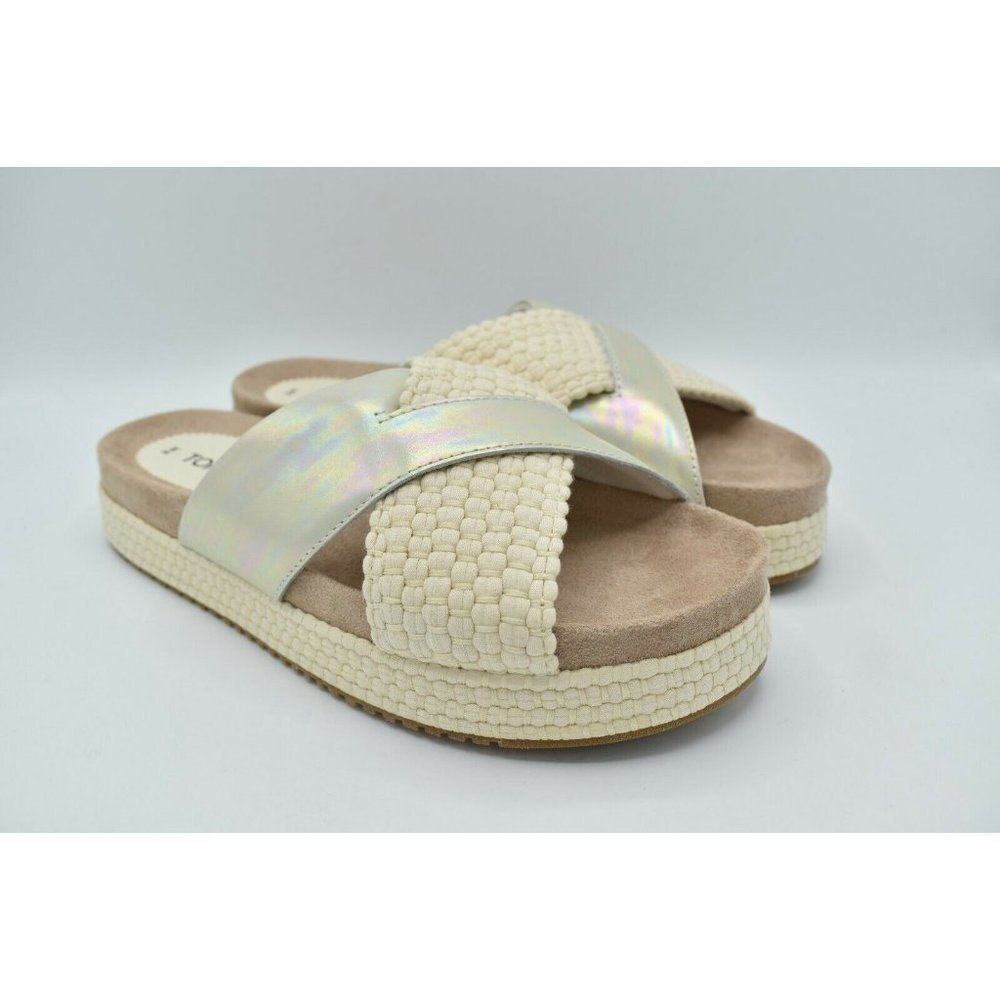 Toms Womens Size 9 Silver Iridescent Leather Woven Trim Paloma Platform Slide - Picture 2 of 10